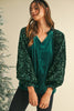 Evergreen Velvet Sequin Patchwork Sleeve Button Up Blouse