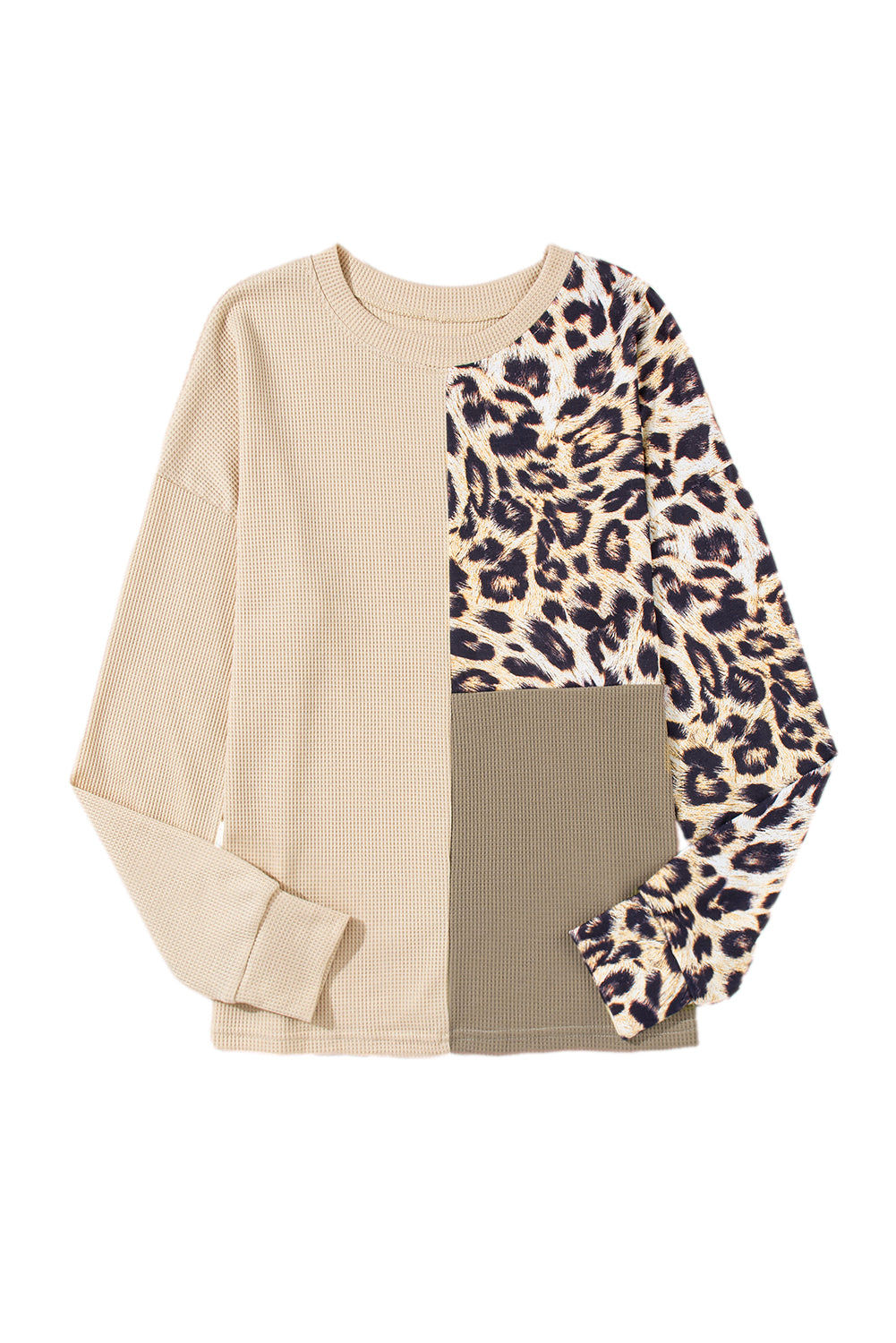 Bonbon Casual Waffle Knit Leopard Contrast Long Sleeve Top