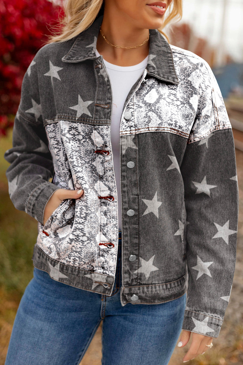 Black Star Snakeskin Printed Patchwork Denim Jacket