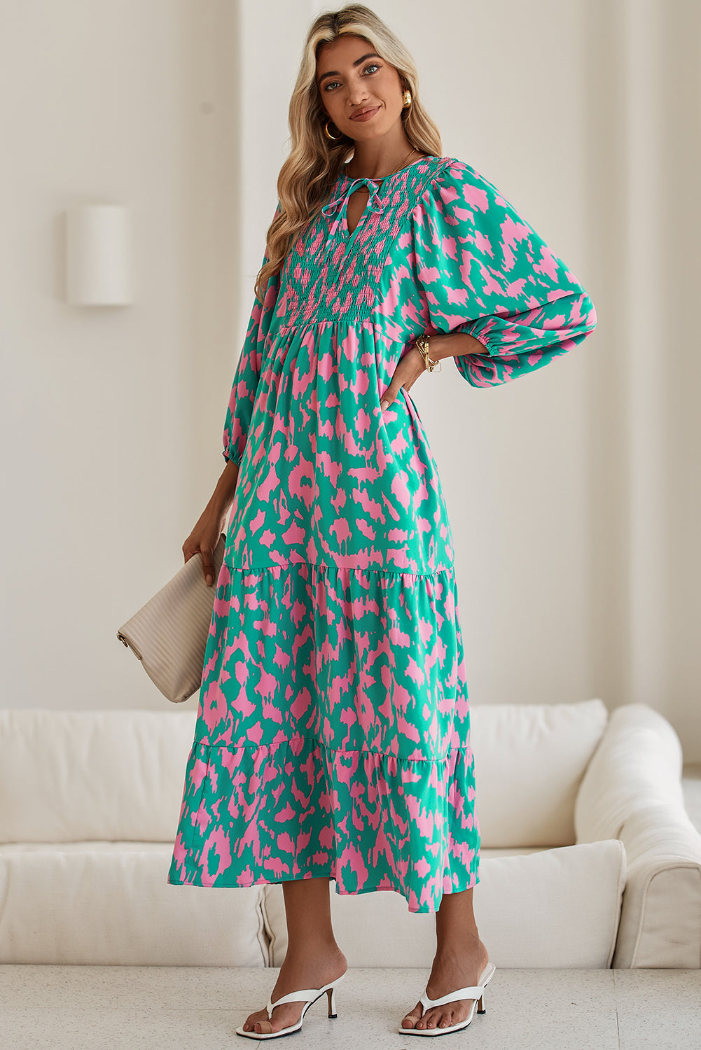 Sky Blue Abstract Print Puff Sleeve Smocked V Neck Maxi Dress