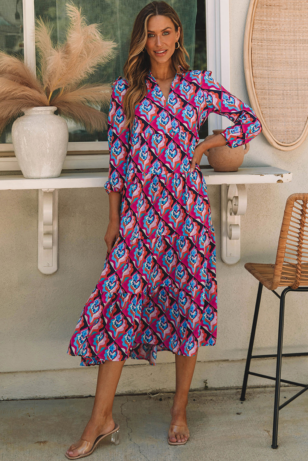 Abstract Geometric Print Long Sleeve High Waist Dress