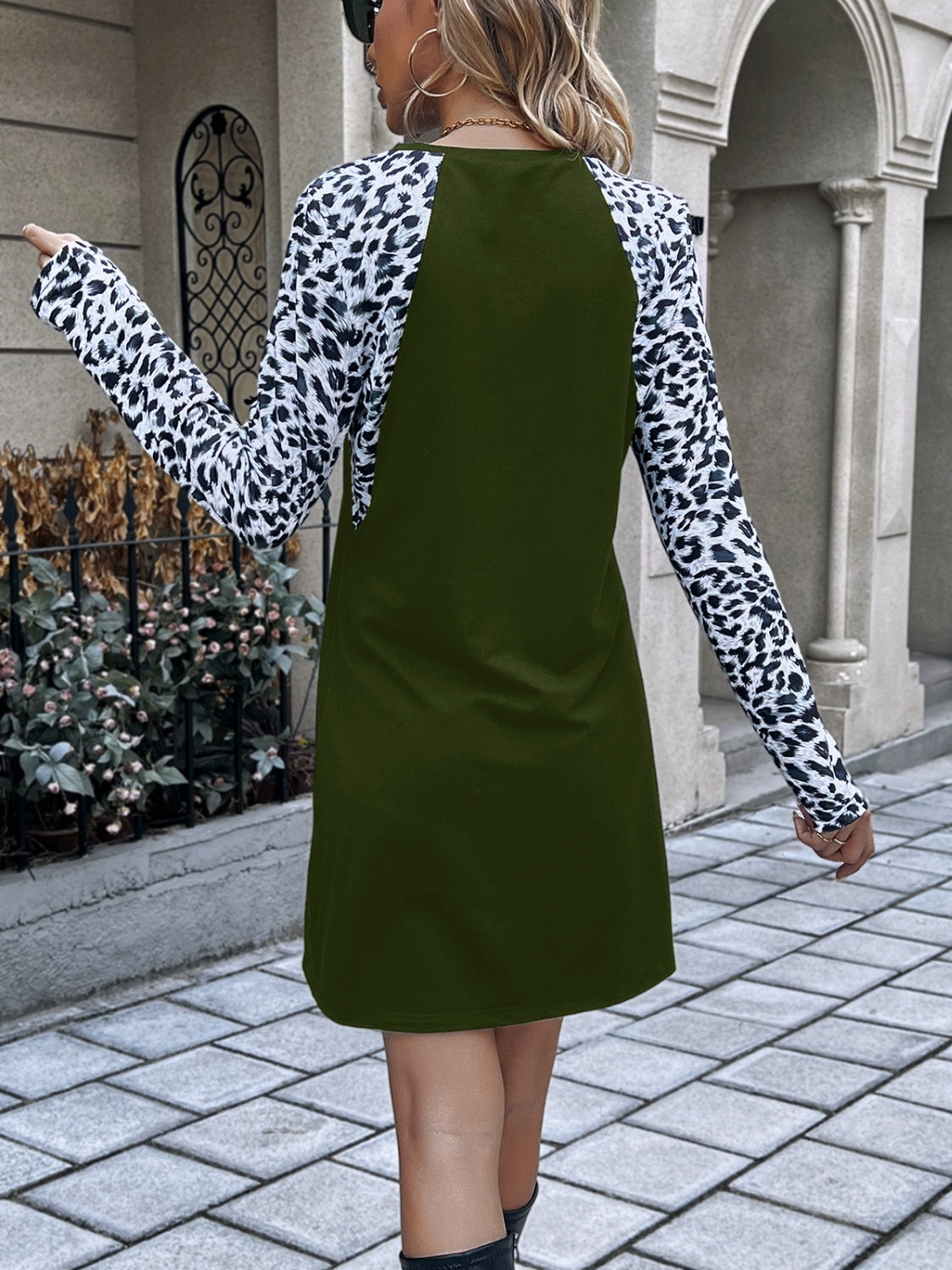 Ivy Lane Leopard Round Neck Long Sleeve Dress