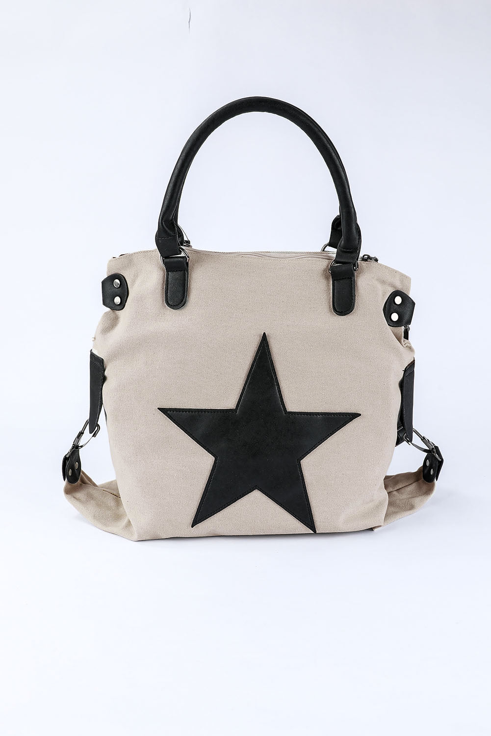 Beige Casual Star Patched Canvas Tote Bag