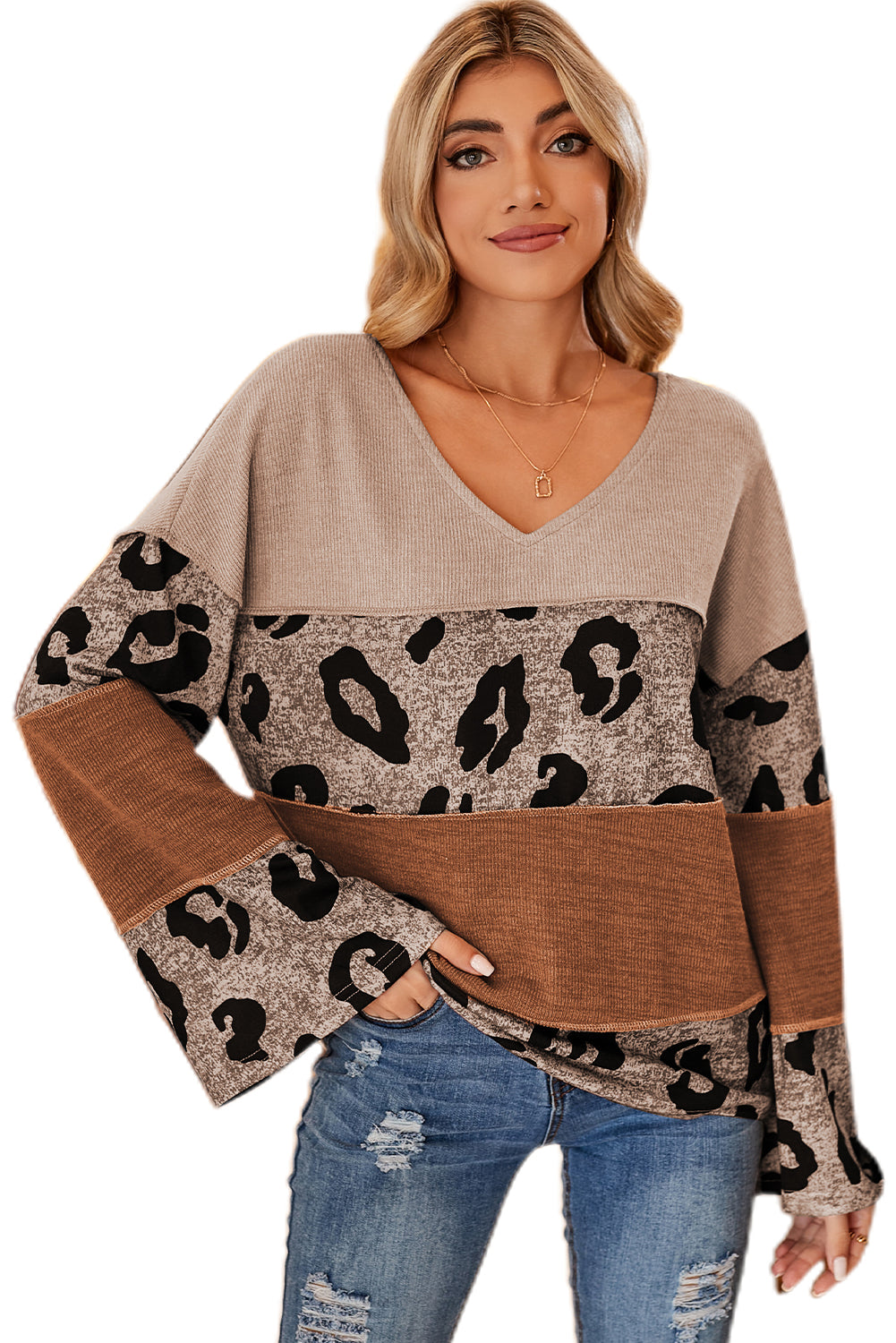 Leopard Colorblock Patchwork V-Neck Loose Sleeve Knit Top