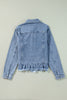 Beau Blue Ruffle Raw Hem Flap Pockets Denim Jacket