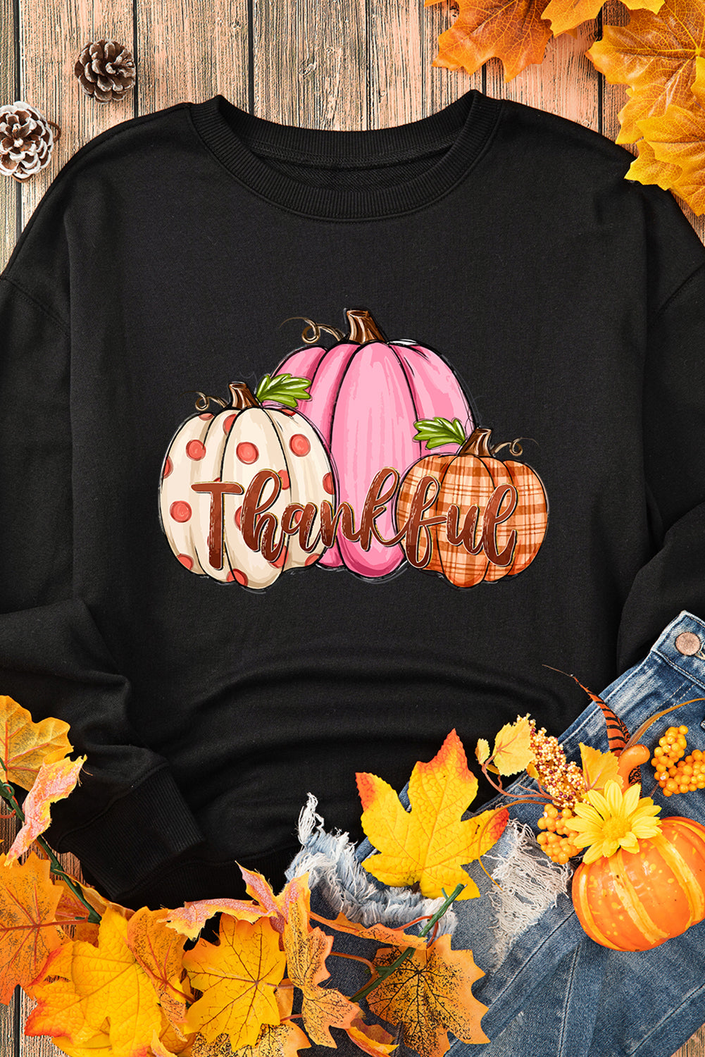 Black Pumpkin Thankful Drop Shoulder Thanksgiving Graphic Sweatshirt