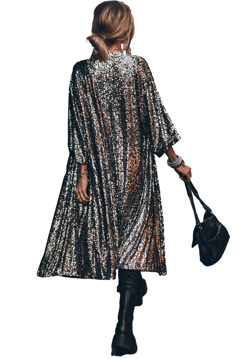 Silvery Sequin 3/4 Sleeve Kimono