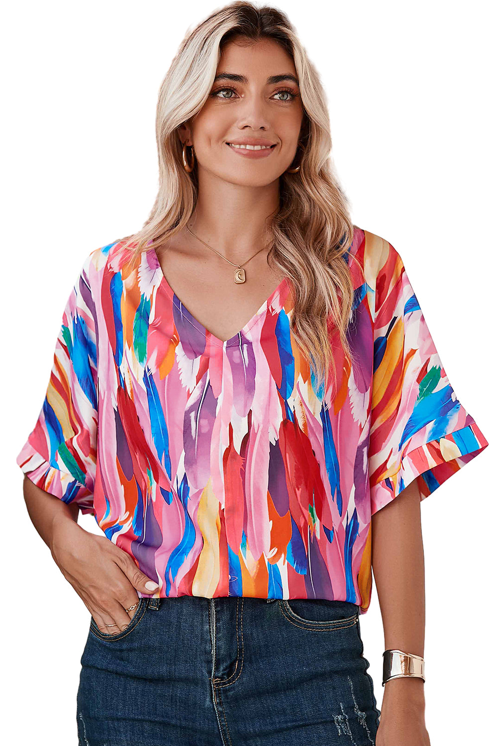 Multicolor Watercolor Abstract Print V Neck Blouse