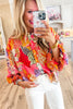 Red Abstract Floral Print Buttoned Ruffle Bubble Sleeve Shirt