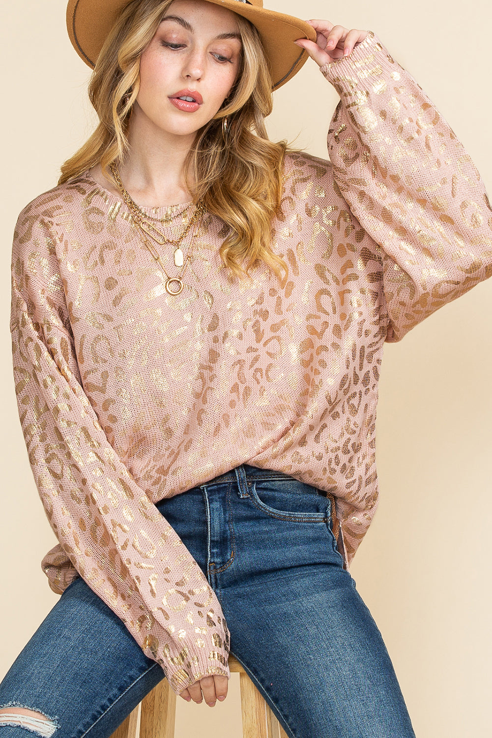 Apricot Leopard Print Drop Shoulder Long Sleeve Pullover Sweater