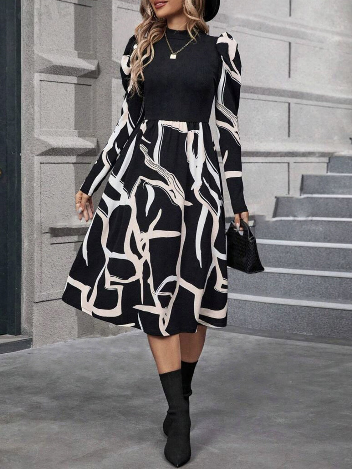 Printed Mock Neck Puff Sleeve Dress