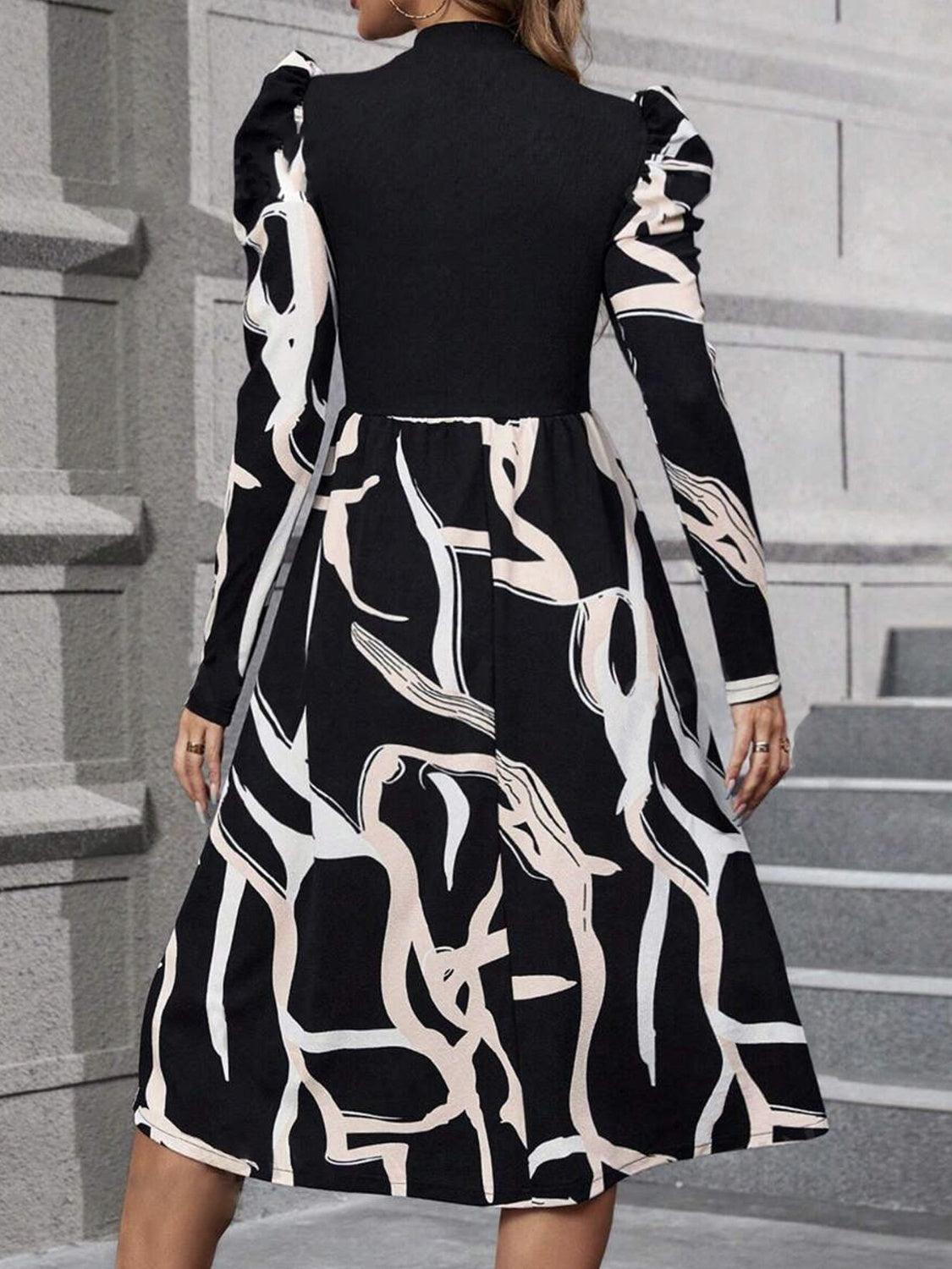 Printed Mock Neck Puff Sleeve Dress