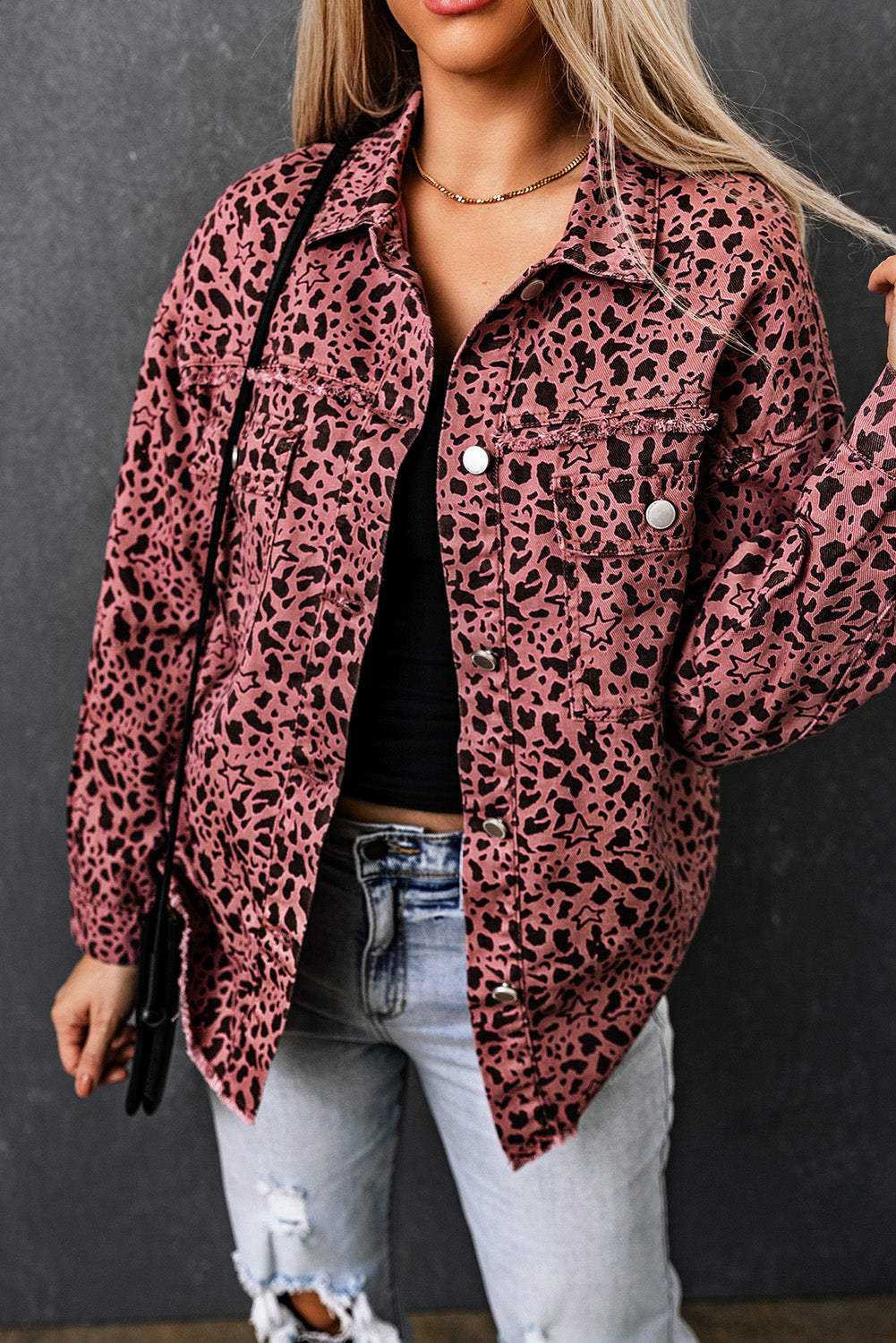 Pink Stars & Animal Spots Print Button Up Denim Shacket