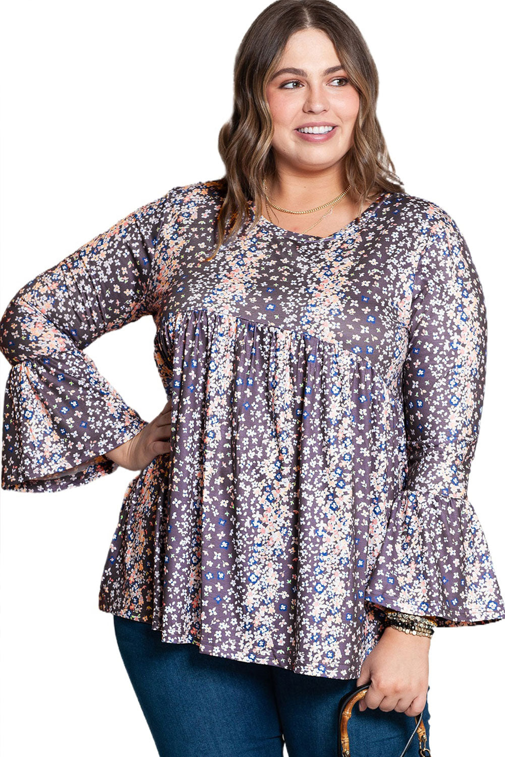 Purple Floral Print Round Neck Plus Size Tunic