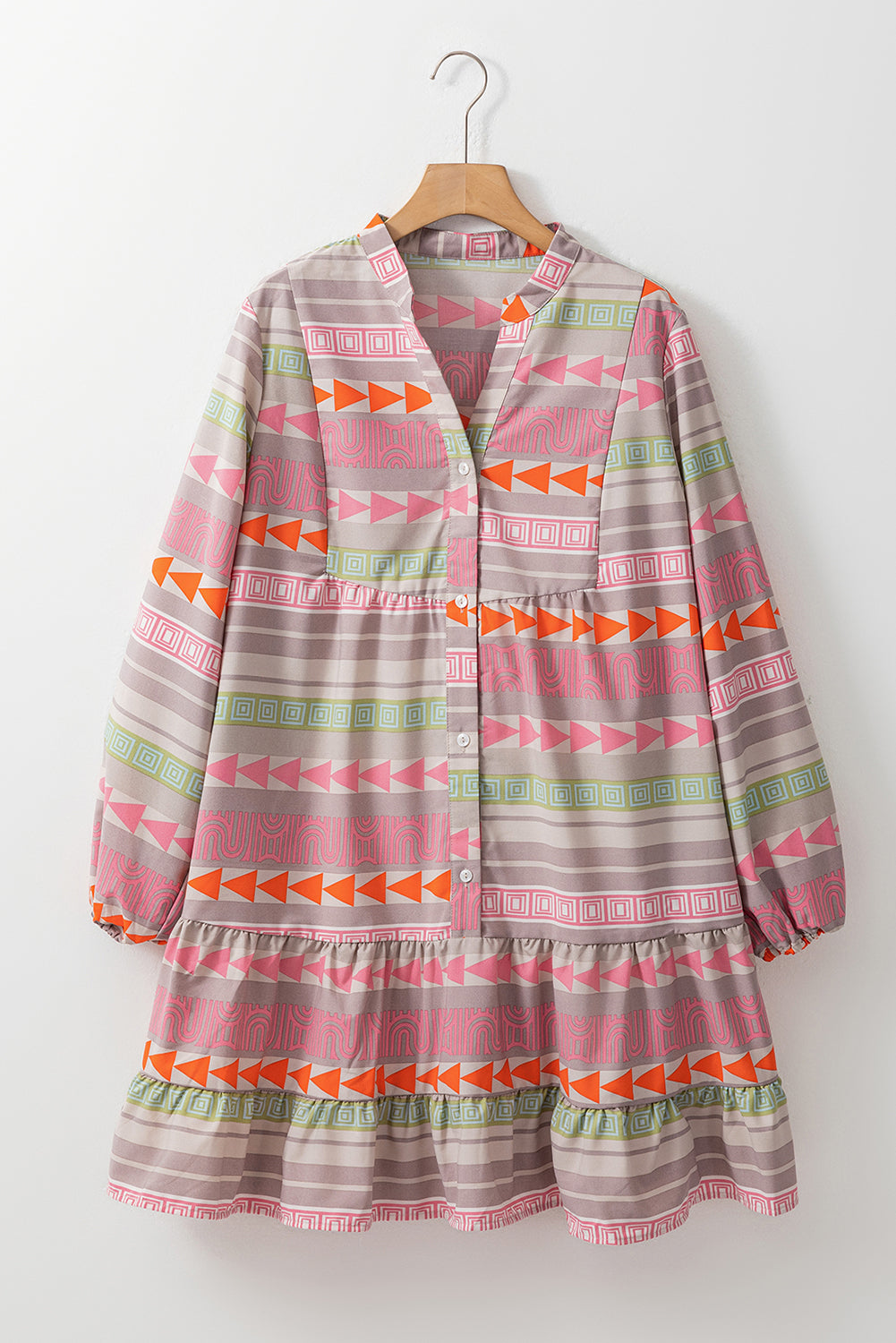 Multicolour Boho Print Puff Sleeve Buttoned Tunic