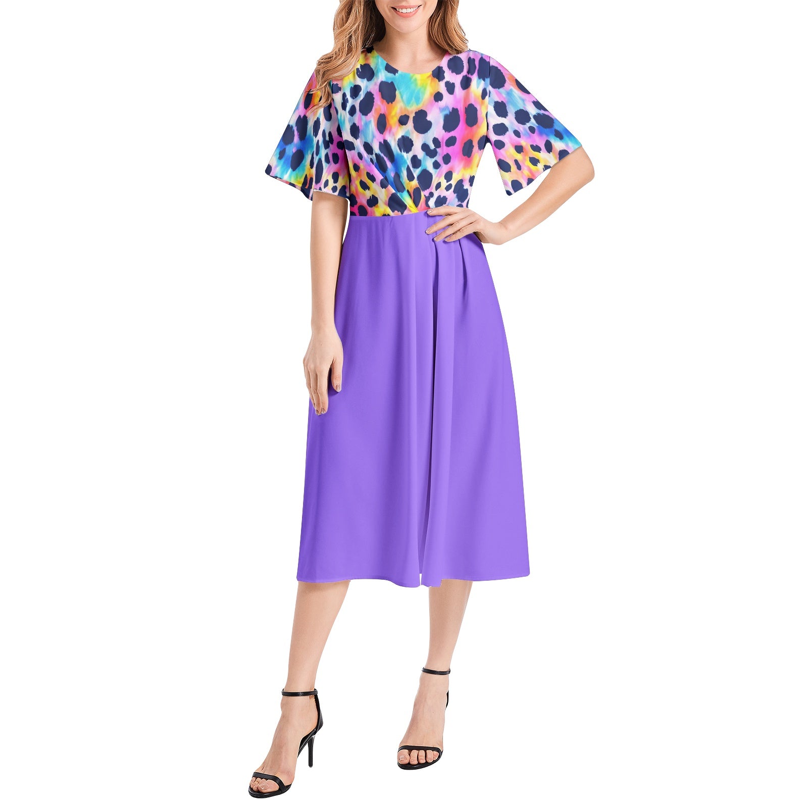 tie dye leopard print Waist Folding Midi Dress