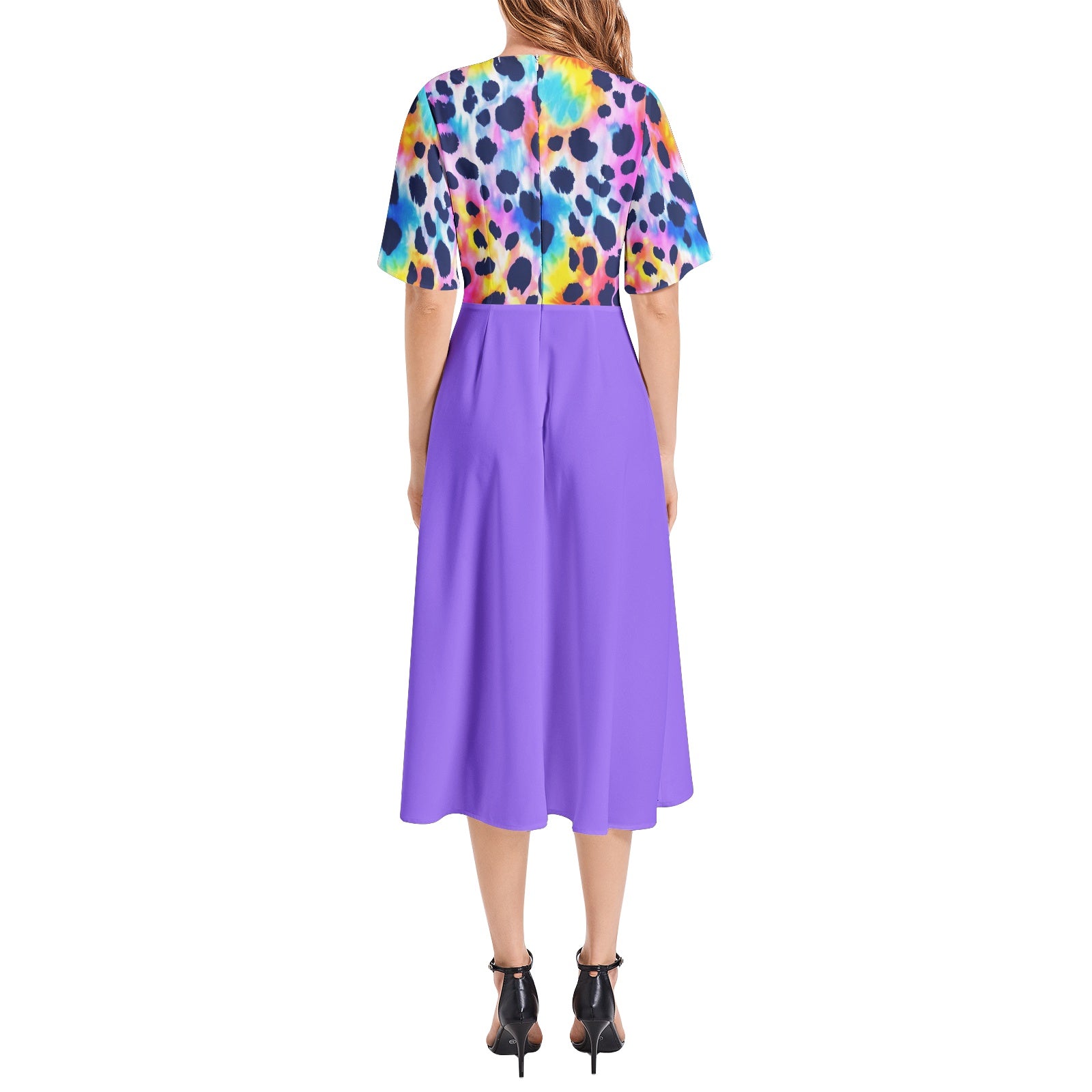 tie dye leopard print Waist Folding Midi Dress