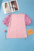 Pink Contrast Sequin Bubble Sleeve Plus Size Blouse