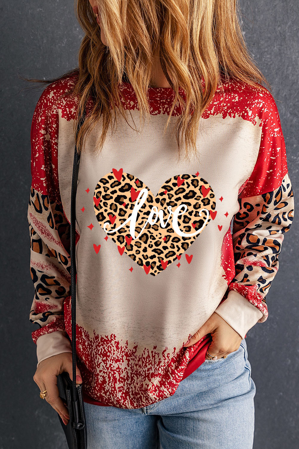 Red love Leopard Bleached Heart Graphic Sweatshirt