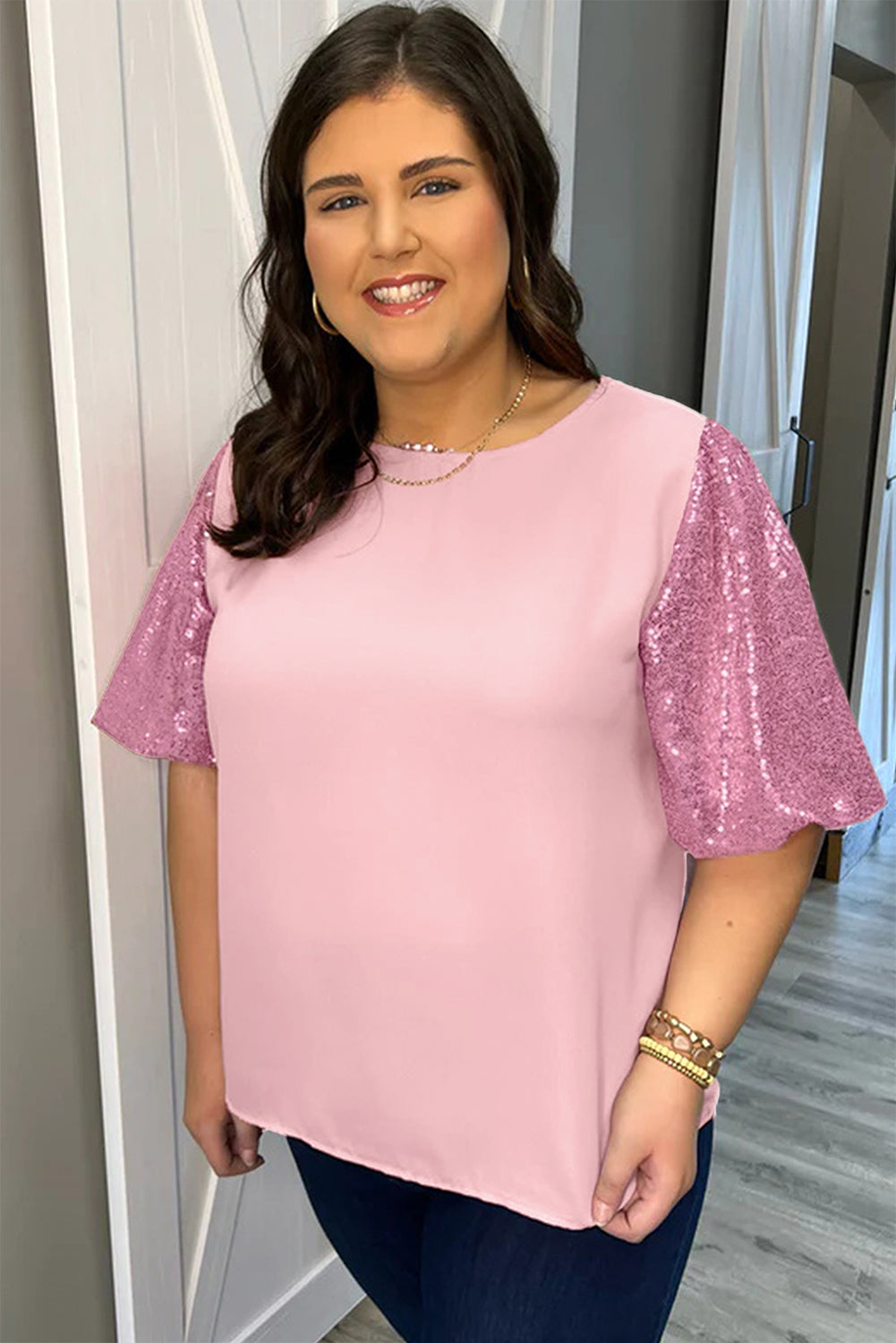 Pink Contrast Sequin Bubble Sleeve Plus Size Blouse