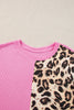 Bonbon Casual Waffle Knit Leopard Contrast Long Sleeve Top