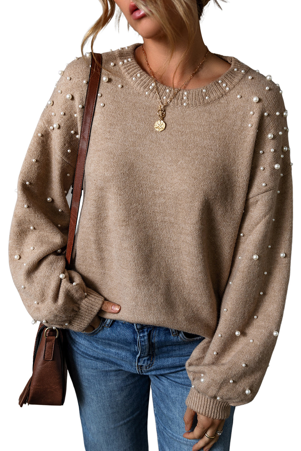 Evergreen Pearl Drop Shoulder Round Neck Sweater