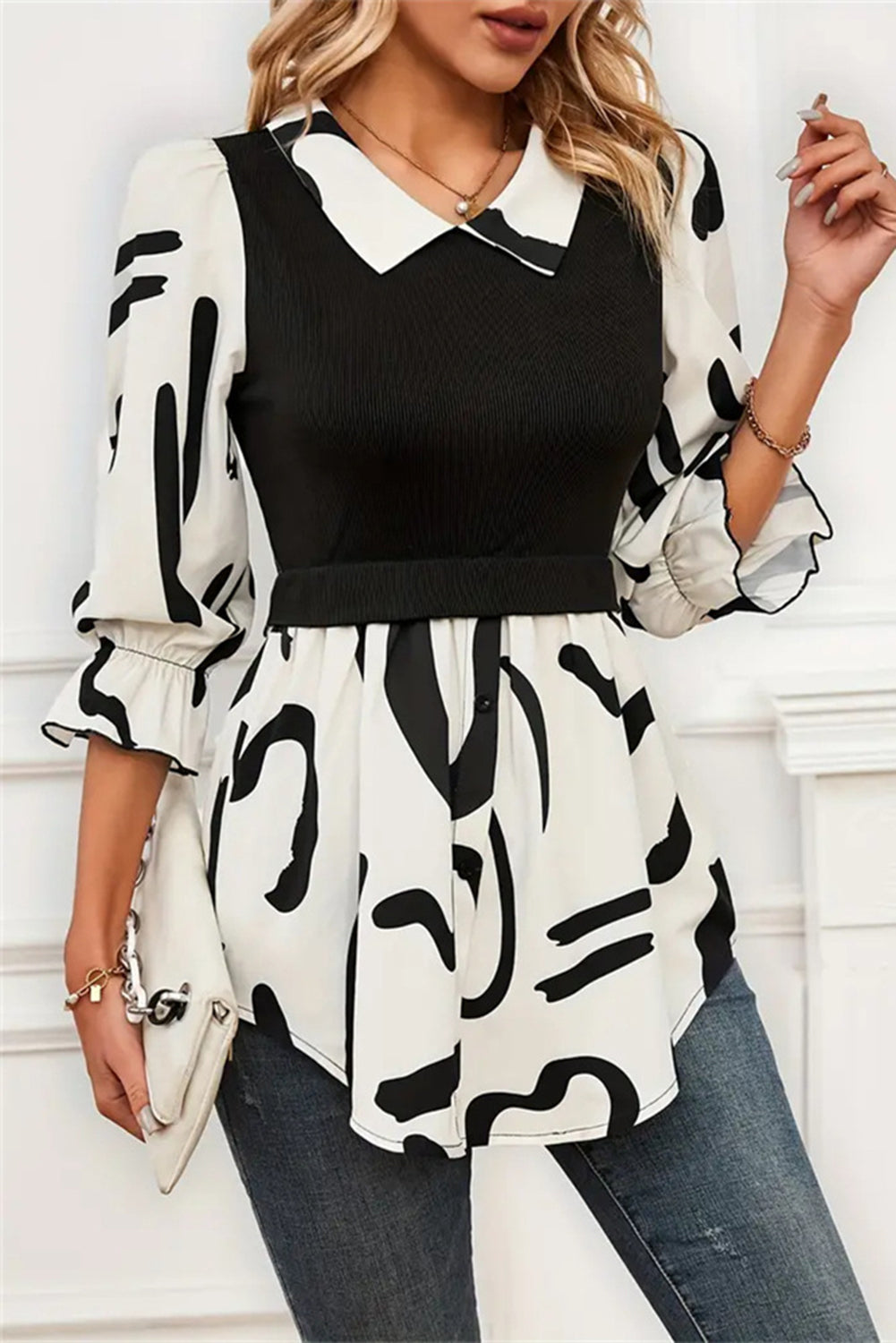 Black Patchwork Striped Bubble Ruffle Sleeve Tunic Blouse