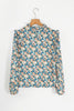 Sky Blue Floral Print Frill Neck Puff Sleeve Blouse