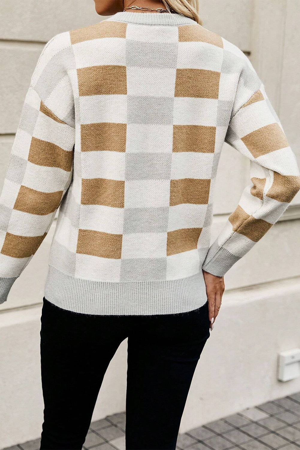 Orange Checkered Crew Neck Drop Shoulder Knit Sweater