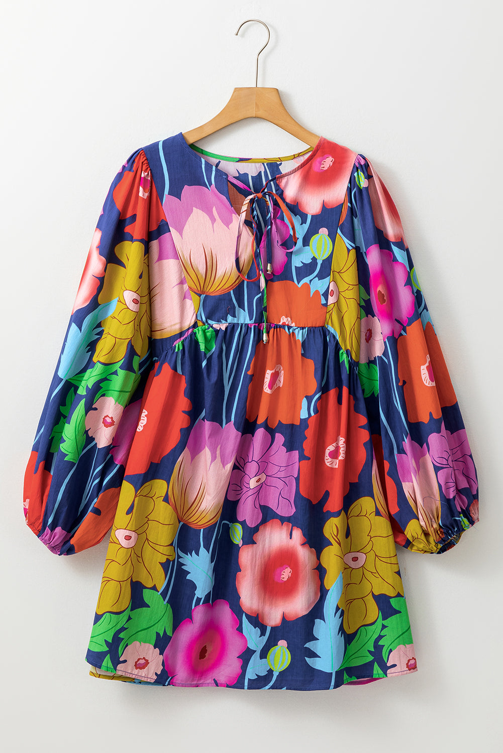 Blue Plus Size Floral V Neck Balloon Sleeve Tunic