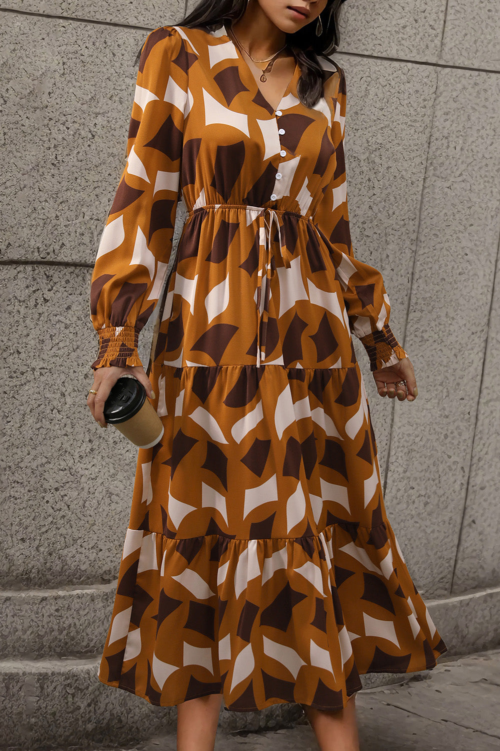 Perfee Printed Tied Pocketed Lantern Sleeve Dress