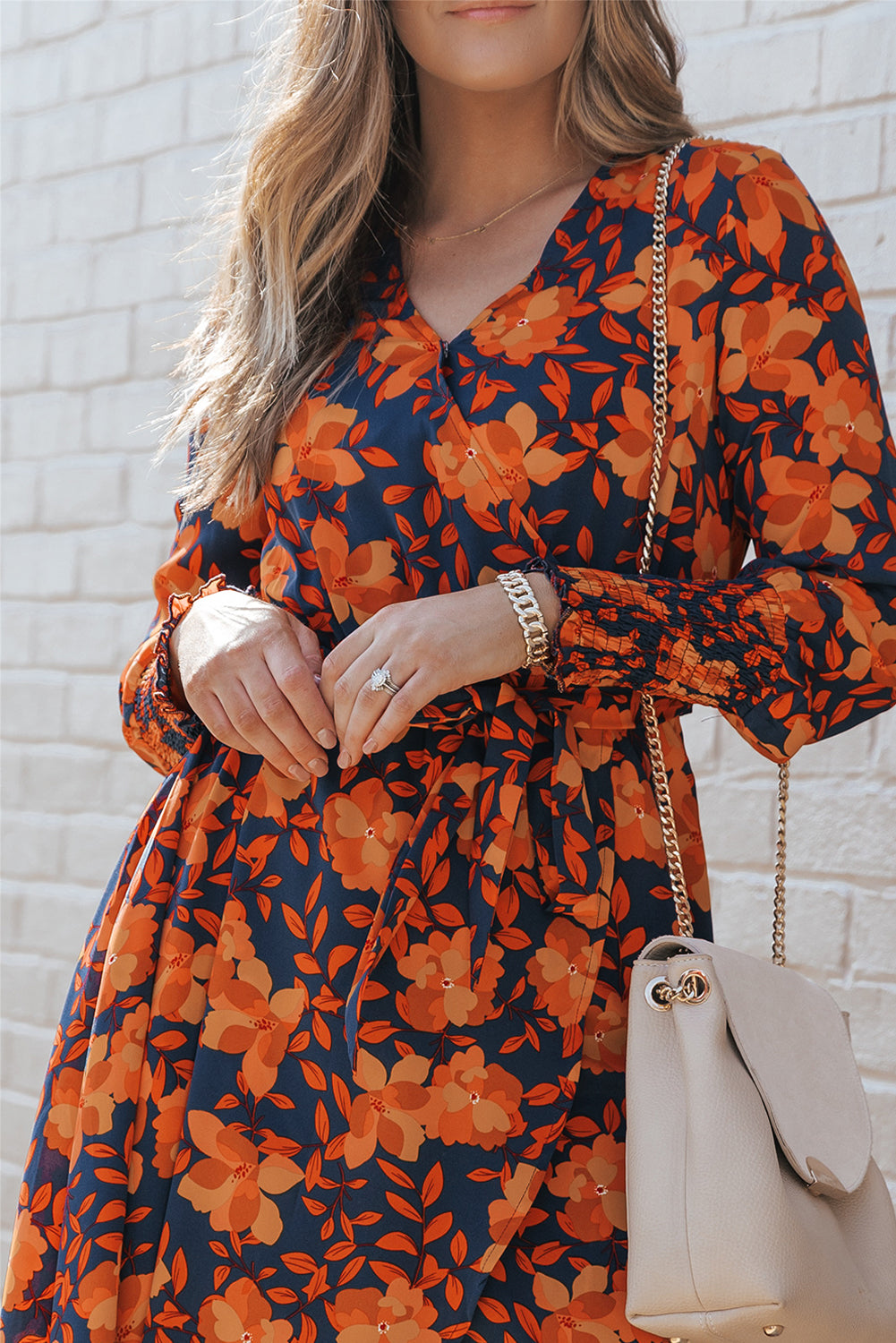 Orange Floral Print Faux Wrap Belted Dress