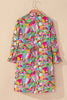 Pink Abstract Printed Lantern Sleeve Buttoned Mini Dress