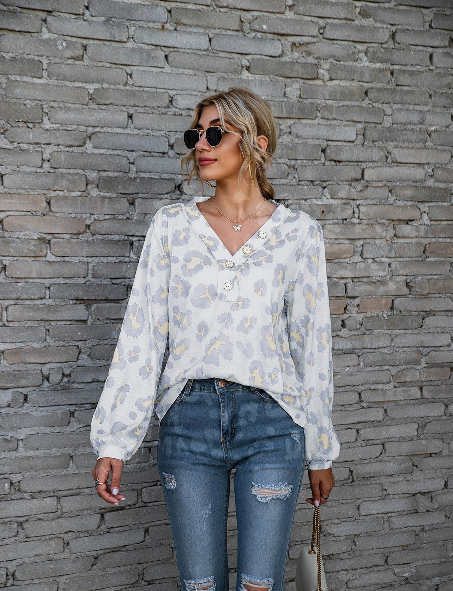 Leopard Print Printed V-neck Off-the-shoulder Long Sleeve T-shirt