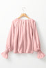 Apricot Pink Pleated Round Neck Smocked Cuffs Satin Blouse