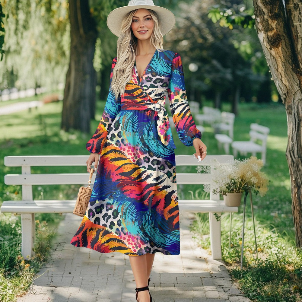 Leopard Zebra Waist Long Sleeve Tie Dress