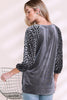 Grey Leopard Splicing Lantern Sleeve Velvet Blouse