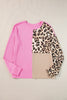 Bonbon Casual Waffle Knit Leopard Contrast Long Sleeve Top