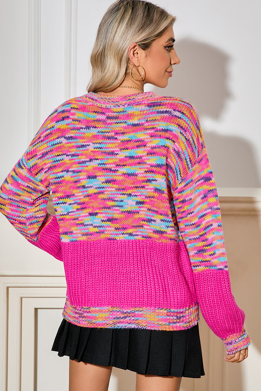 Bright Pink Confetti Drop Shoulder Crewneck Sweater