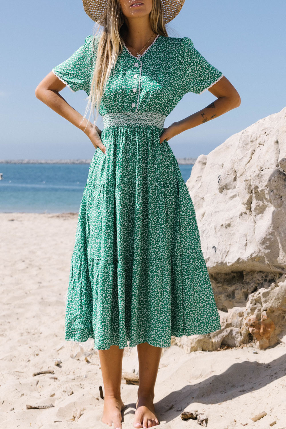 Green Floral Print Lace Splicing Flared High Waist Midi Dress