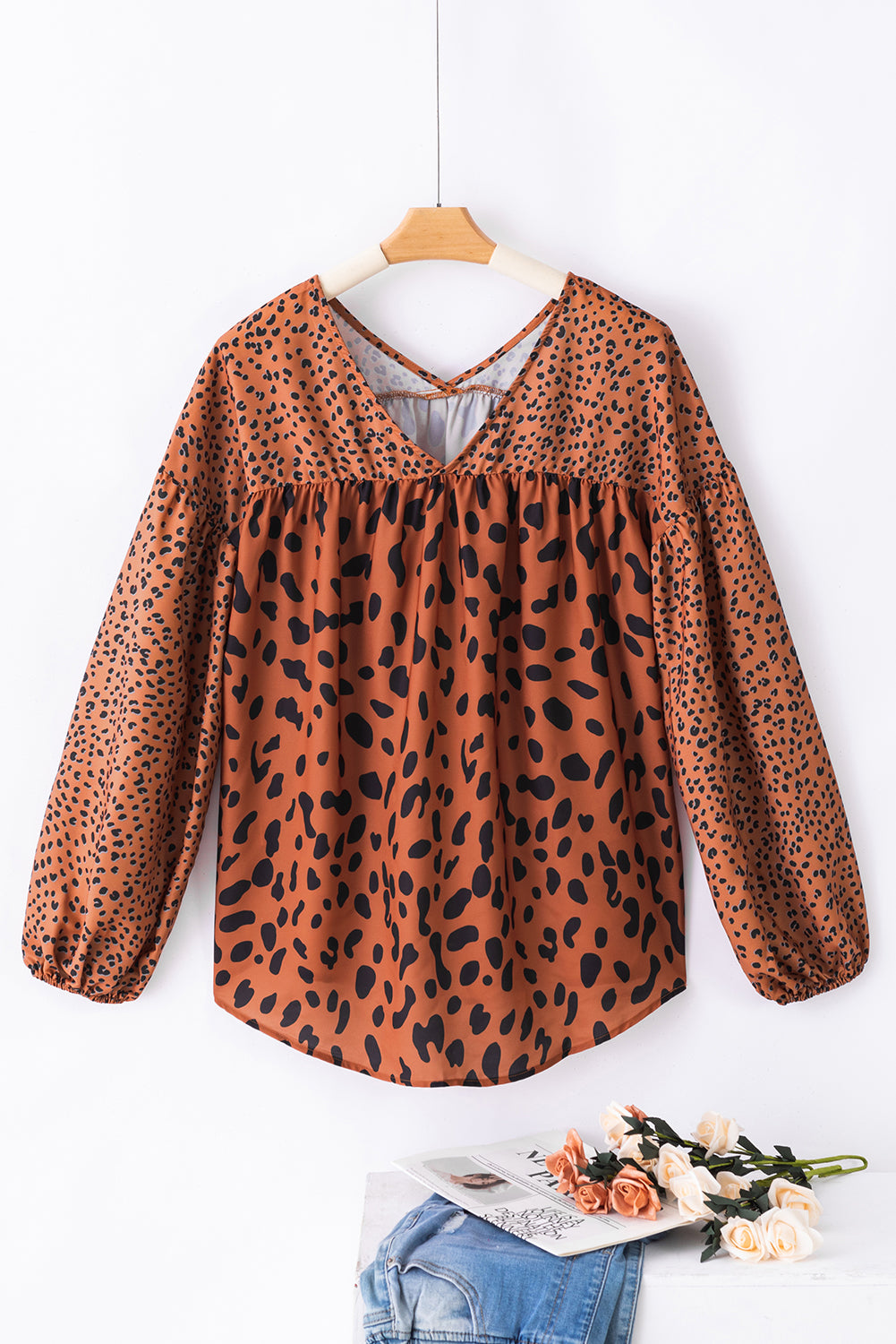 Brown Leopard V Neck Lantern Sleeve Tunic Blouse