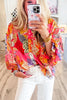 Red Abstract Floral Print Buttoned Ruffle Bubble Sleeve Shirt