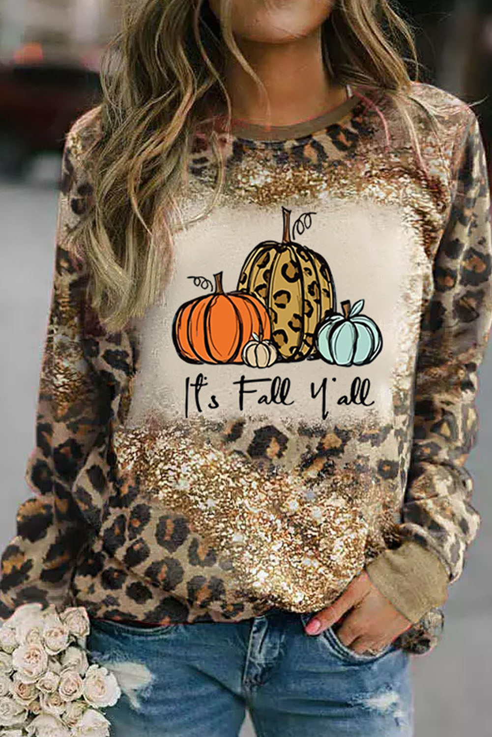 Leopard Fall Pumpkins Graphic Print Sweatshirt