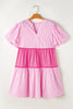 Pink Ricrac Block Accent Puff Short Sleeve Flowy Plus Tunic