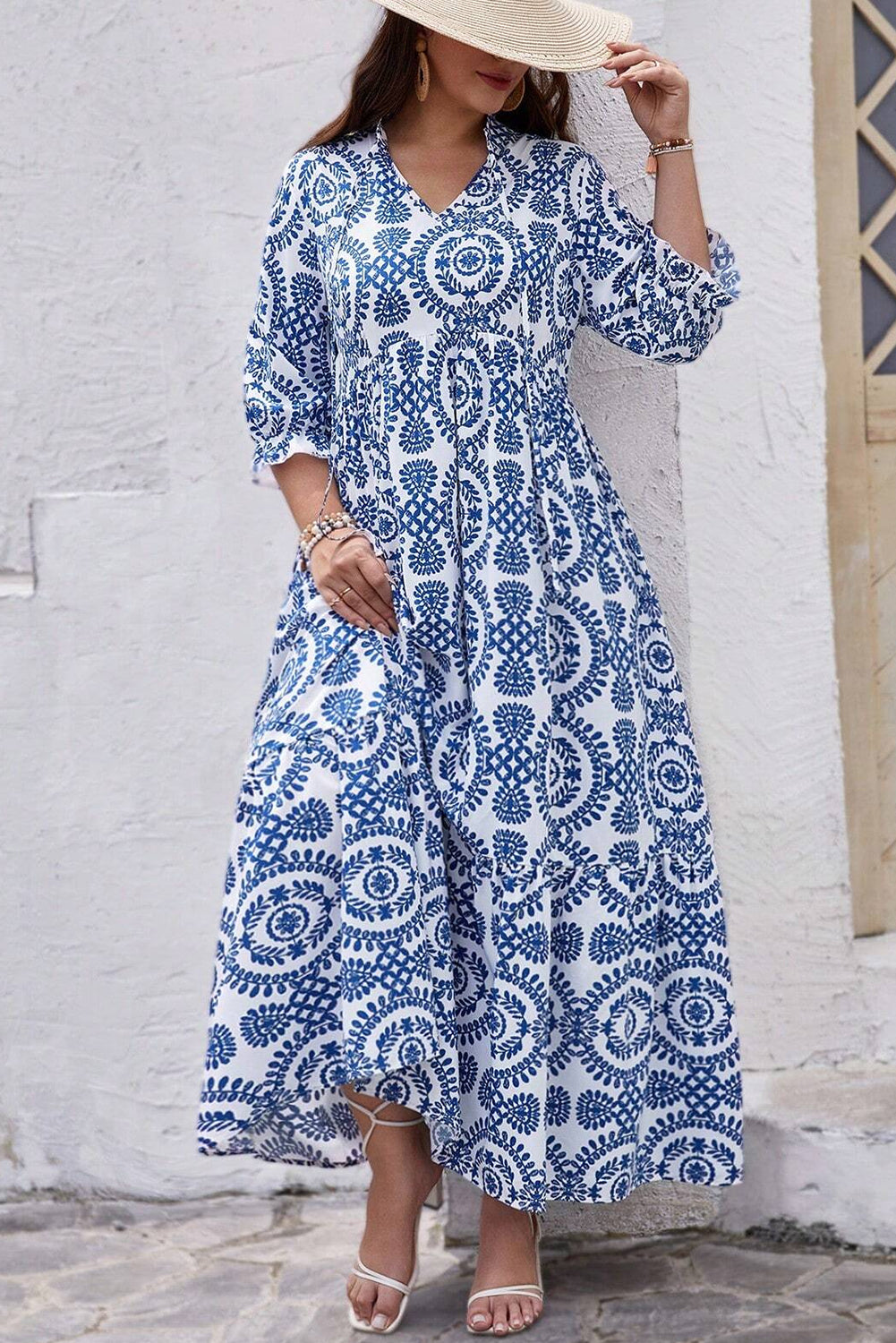 Sky Blue Ethnic Geometric Print Notch Neck Plus Size Maxi Dress