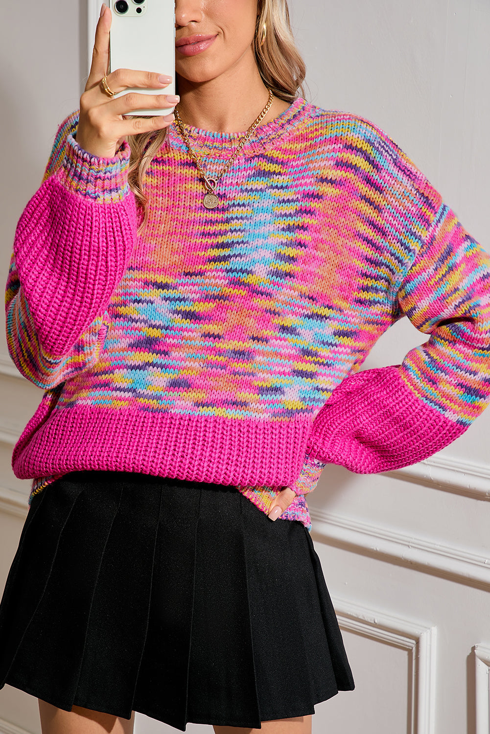 Bright Pink Confetti Drop Shoulder Crewneck Sweater