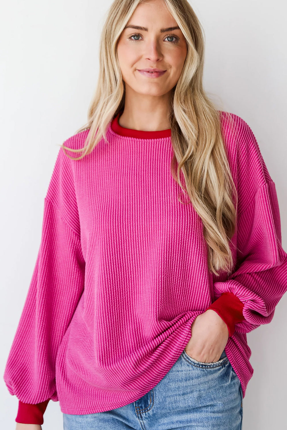 Bright Pink Corded Contrast Edge Drop Shoulder Sweatshirt