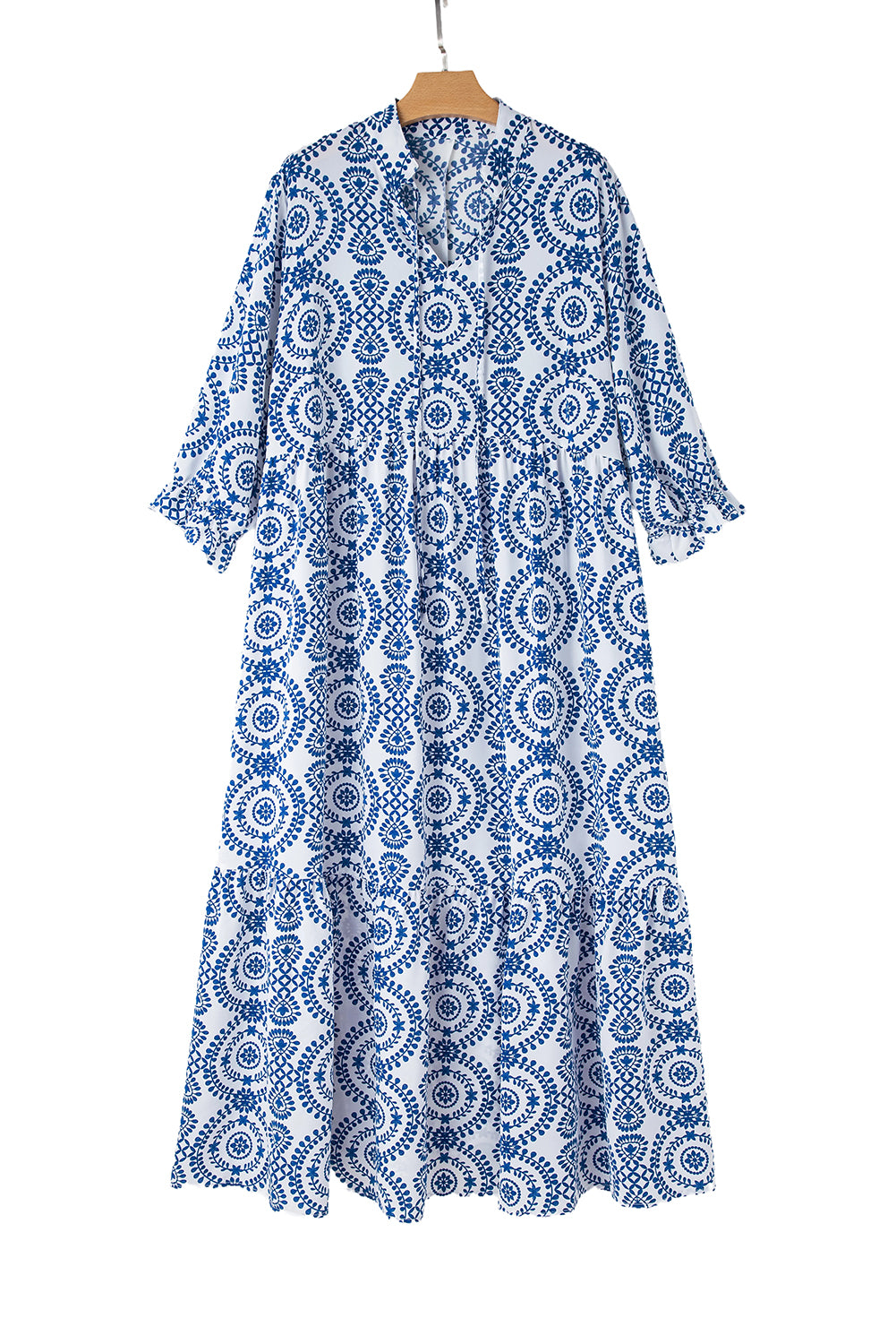 Sky Blue Ethnic Geometric Print Notch Neck Plus Size Maxi Dress