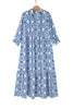 Sky Blue Ethnic Geometric Print Notch Neck Plus Size Maxi Dress