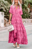 Pink Paisley Print Boho Holiday Ruffle Tiered Maxi Dress